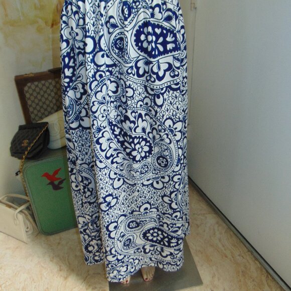 Vintage 70s Maxi Skirt Blue White Paisley Floral Prairie Cottagecore Sz M - Picture 2 of 7